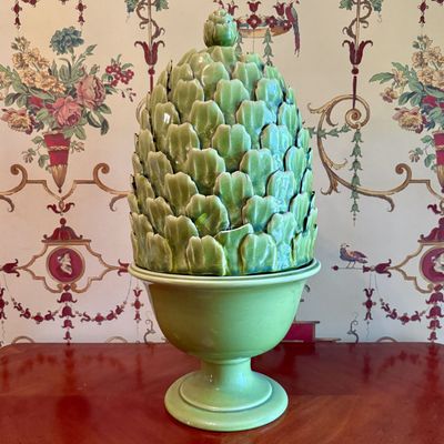 Large Glazed Ceramic Artichoke Table Ornament in Pedestal Bowl
