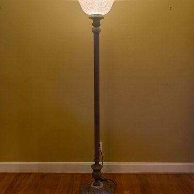 Traditional Fluted Bronze Toned Torchiere Floor Lamp with Scalloped Glass Shade and Marble Accents