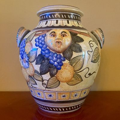Large Hand Painted Majolica Earthenware Urn with Mascaron and Fruit Decoration