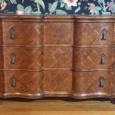 Vintage French Provincial Style Serpentine Parquetry Three Drawer Chest