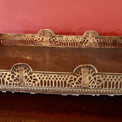 Castilian Large Rectangular Brass Gallery Tray with Etched Interior