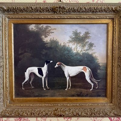 British School Oil on Canvas Two Greyhounds in a Landscape