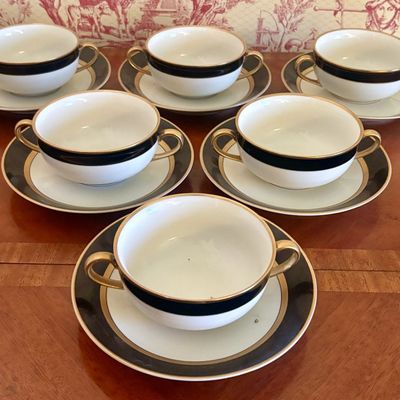 Set of Six Fitz and Floyd Porcelain Renaissance Pattern Cream Soup Bowls and Underplates