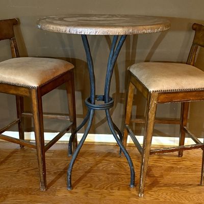 Three Piece Bar Height Bistro Set with Hammered Copper Top Table and Pair of Leather Upholstered Stools