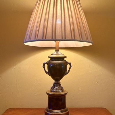 Large Urn Form Table Lamp with Dolphin Handles and Pleated Shade