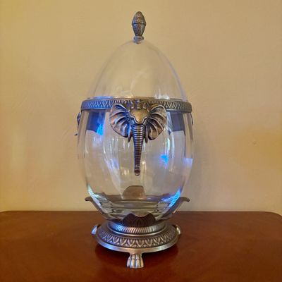 Large Blown Glass and Cast Metal Egg Shaped Centerpiece Urn with Elephant Figural Handles