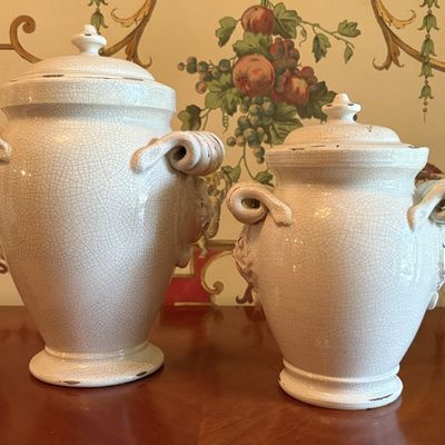 A Pair of Italian P.P. Torclivia White Crackle Glazed Earthenware Urns for Fortunata