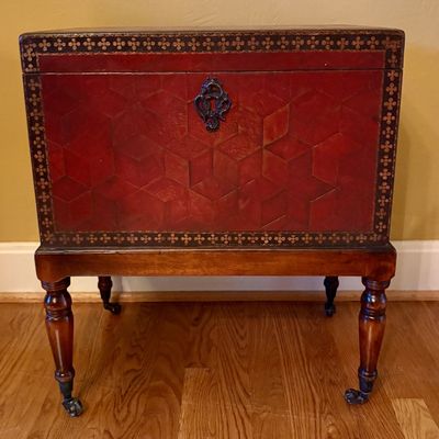 Red Tooled Leather Covered Chest on Stand