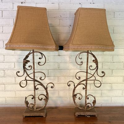 A Pair of Large Wrought Iron Scrollwork Table Lamps with Burlap Shades