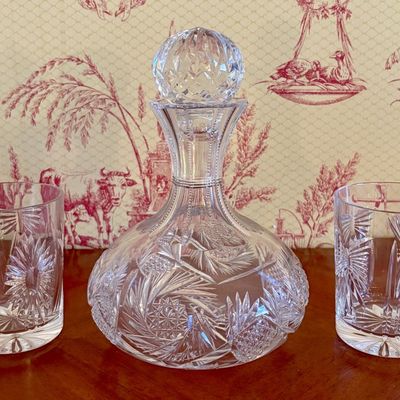 American Brilliant Period Style Cut Crystal Decanter and Pair of Tumblers