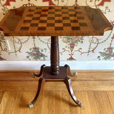 Federal Style Mahogany Pedestal Game Table with Inlaid Top and Brass Claw Feet