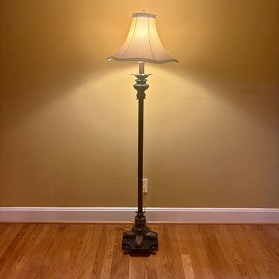 Neo-Classical Style Metal and Marble Floor Lamp with Fabric Bell Shade