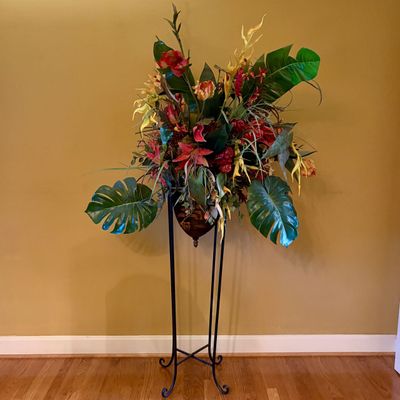 Tall Floor Standing Artificial Tropical Floral Arrangement in Wrought Iron Tripod Stand