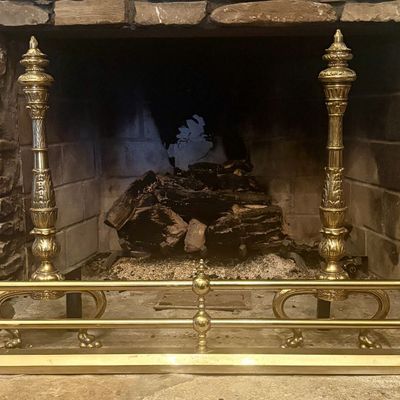 Neoclassical Style Brass Fireplace Fender and Matching Pair of Andirons
