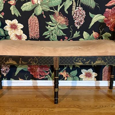 Chinoiserie Faux Bamboo Ebonized and Gilt Painted Six Leg Window Bench