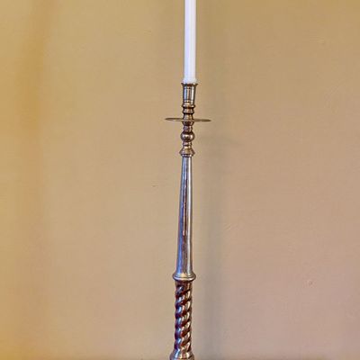 Large Polished Brass Floor Candlestick with Barley Twist Stem