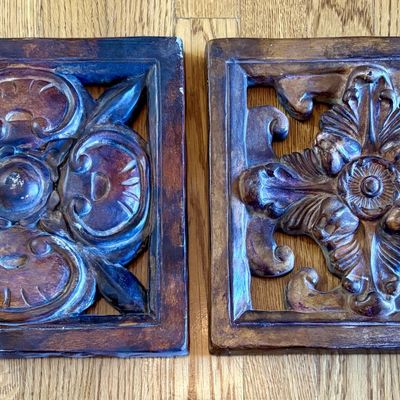A Pair of Openwork Architectural Wall Plaques in Simulated Wood Finish