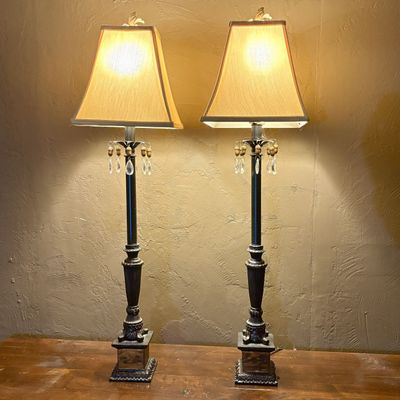 A Pair of Neoclassical Style Buffet Table Lamps with Acorn and Crystal Prisms