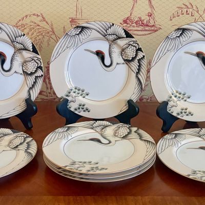 A Set of 8 Fitz and Floyd Crane with Pine Japanese Porcelain Salad Plates