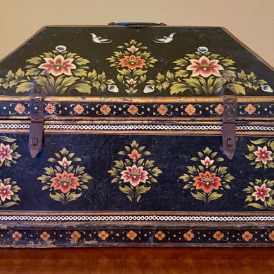 Early Floral Hand Painted Wooden Trunk