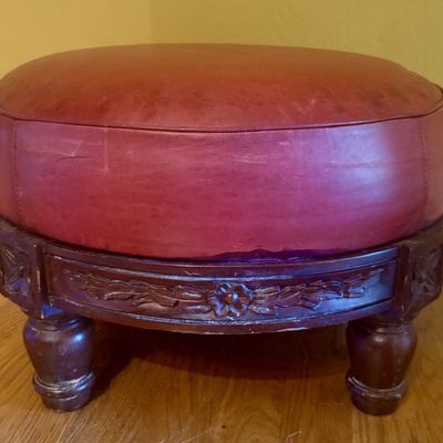 Vintage Round Leather Upholstered Footstool with Carved Wooden Base