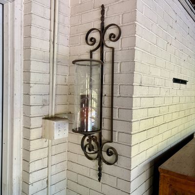 Large Wrought Iron and Etched Glass Hurricane Wall Sconce