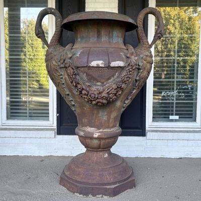 Monumental Neoclassical Cast Iron Garden Urn with Swan Handles