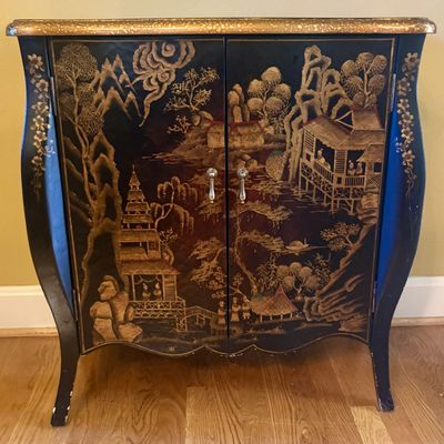 Decorative Crafts Inc. Chinoiserie Lacquered Bombe Accent Cabinet