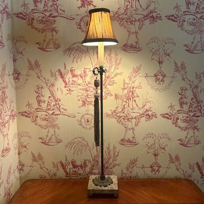 Marble and Metal Candlestick Buffet Lamp with Beaded Tassel and Shade