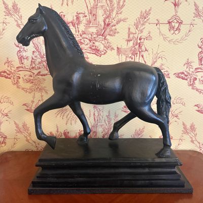 Heavy Large Black Cast Resin Classical Trotting Horse Sculpture on Tiered Plinth