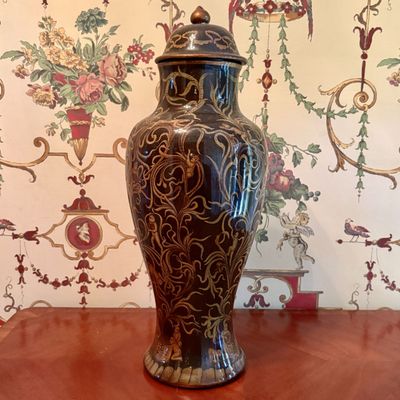 Large Sgraffito Decorated Earthenware Baluster Form Temple Jar and Lid