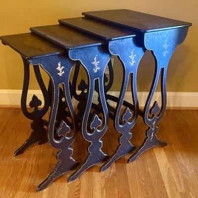 Set of Four Chinoiserie Lacquered Nesting Tables with Lyre Supports