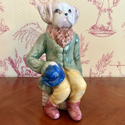 Polychrome Glazed Ceramic Figurine of a Seated Anthropomorphic Dog Hunter