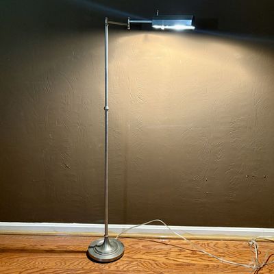 Modern Adjustable Pharmacy Swing Arm Floor Lamp in Brushed Metal Finish