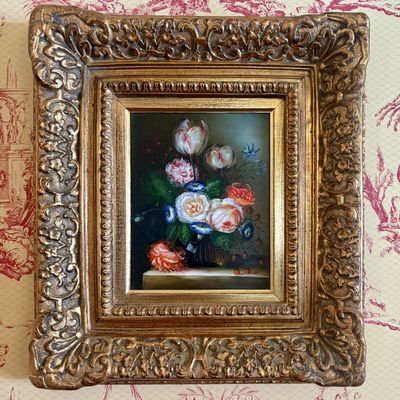 H. Holls Still Life Floral Oil Painting in Gilded Frame