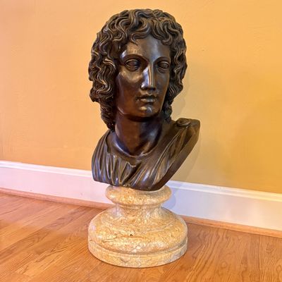 Large Bronze Bust of Alexander the Great on Yellow Marble Socle Base