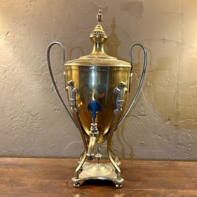 Neoclassical Polished Brass and Silver Toned Hot Water Urn with Prince of Wales Feathers