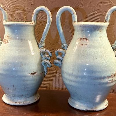 A Pair of Large Earthenware Amphora Vases with Triple Scroll Elephant Trunk Handles