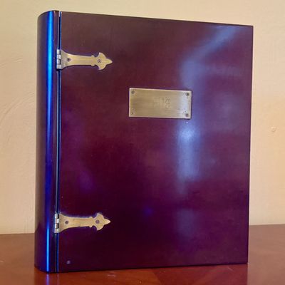 Large Wooden Book Shaped Storage Box with Brass Hardware and Monogrammed Plate