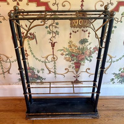 Aesthetic Movement Faux Bamboo Painted Iron and Brass Umbrella Stand