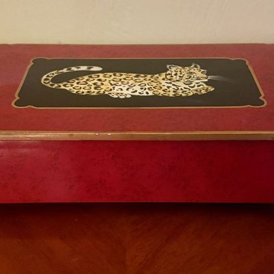 Footed Decorative Metal Box with Hand Painted Leopard Motif