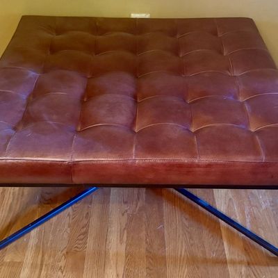 Contemporary Square Tufted Cognac Leather Ottoman on Metal Base