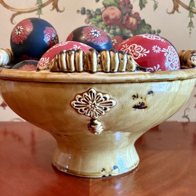 Glazed Earthenware Pedestal Centerpiece Bowl with a Collection of Decorative Spheres