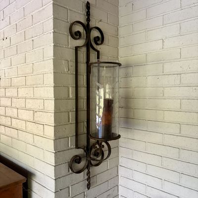 Large Wrought Iron and Etched Glass Hurricane Wall Sconce