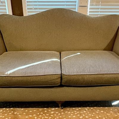 Lee Industries Newton NC Handcrafted Camelback Sofa with Brass Casters