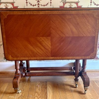 Mahogany Veneer Sutherland Drop Leaf Gate Leg Table with Brass Casters