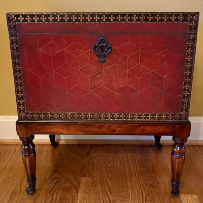 Red Parquetry Leather Bound Chest on Stand