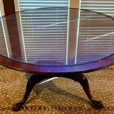 Neoclassical Style Mahogany Finished Pedestal Dining Table with Ball and Claw Feet