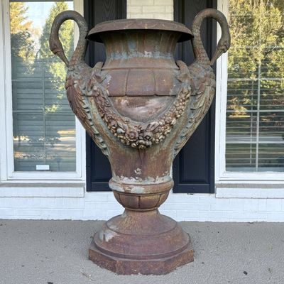Monumental Neoclassical Cast Iron Garden Urn with Swan Handles