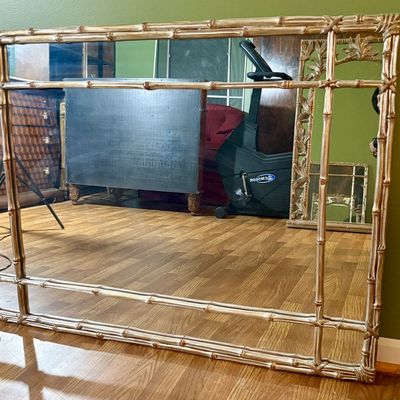 Large Hollywood Regency Faux Bamboo Silvered Wall Mirror